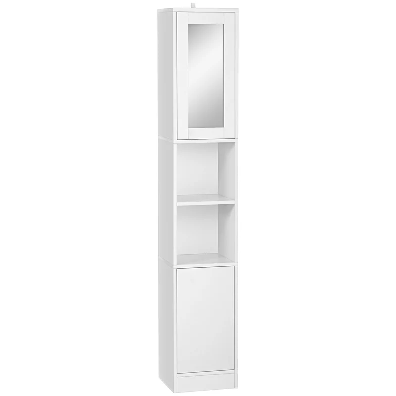 Easycomfort Colonna Bagno Salvaspazio in Legno con Specchio e Apertura a Pressione, 30x28x170cm, Bianco