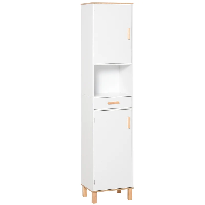 Easycomfort Mobile Bagno Salvaspazio in Legno, Mobile a Colonna con Armadietti e Cassetto, 39x30x180cm, Bianco