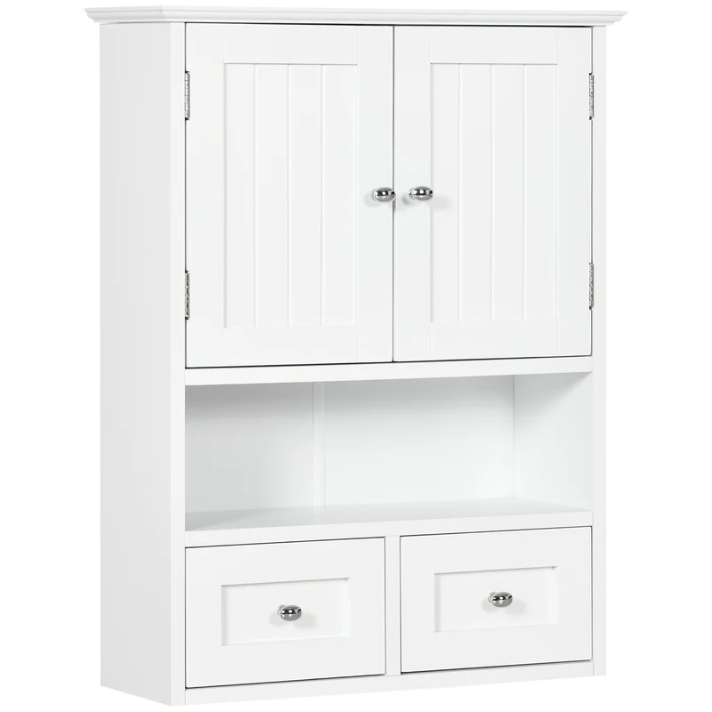 EasyComfort Armadietto Pensile Bagno a 2 Ante con Ripiano Aperto e 2 Cassetti in Legno, Bianco