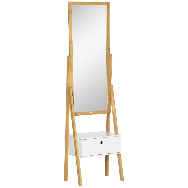 Easycomfort Specchio da Terra con Cassetto, in MDF e Bambù, 45x30x160 cm, Bianco e Color Legno