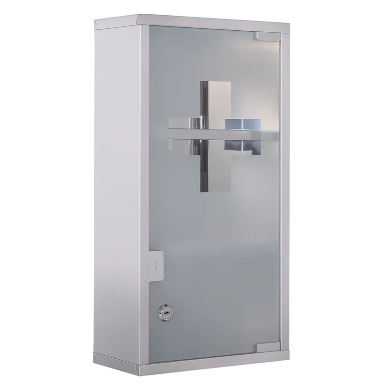 Easycomfort Armadietto Porta Medicinali, Pronto Soccorso Cassetta Medicine in Acciaio Porta in Vetro e 2 Chiavi 48x25cm