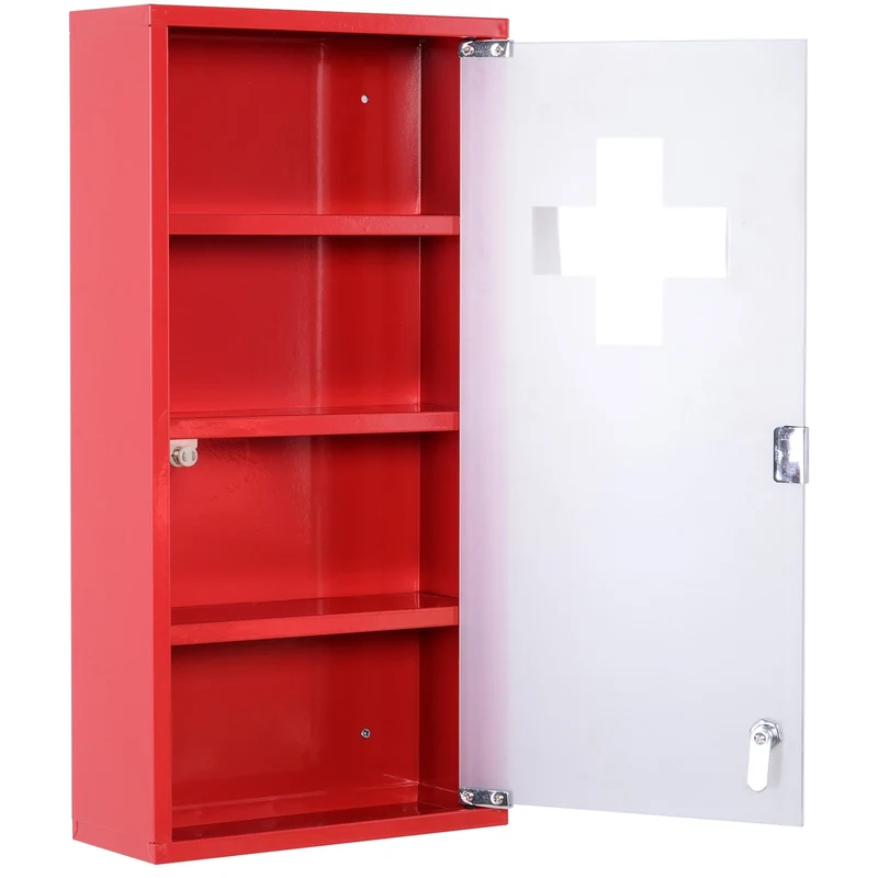 Easycomfort Cassetta Porta Medicine Armadietto Medicinali 4 Livelli Porta in Vetro 60×30×12cm Rosso