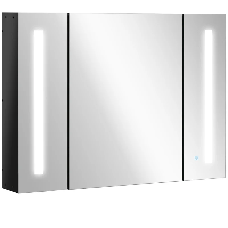 Easycomfort Armadietto con Specchio da Bagno a Parete in MDF con 3 Armadietti, 3 Ripiani e Luce LED, 90x15x65 cm, Nero