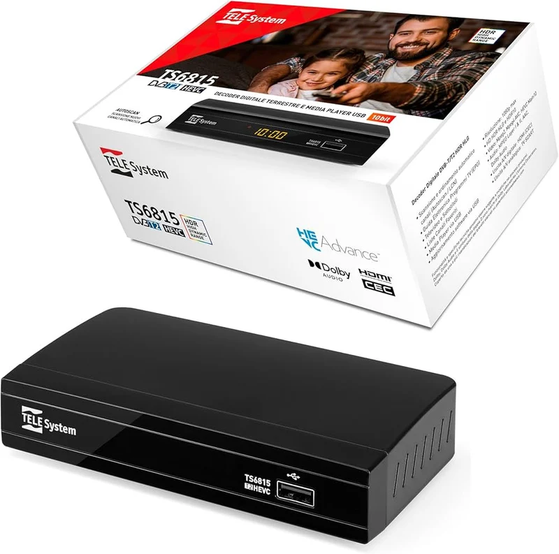 TELE System TS6815 Decoder Digitale Terrestre DVB-T2 Full HD 1080p HEVC H.265 10bit HDR HDMI SCART USB Ethernet Nero