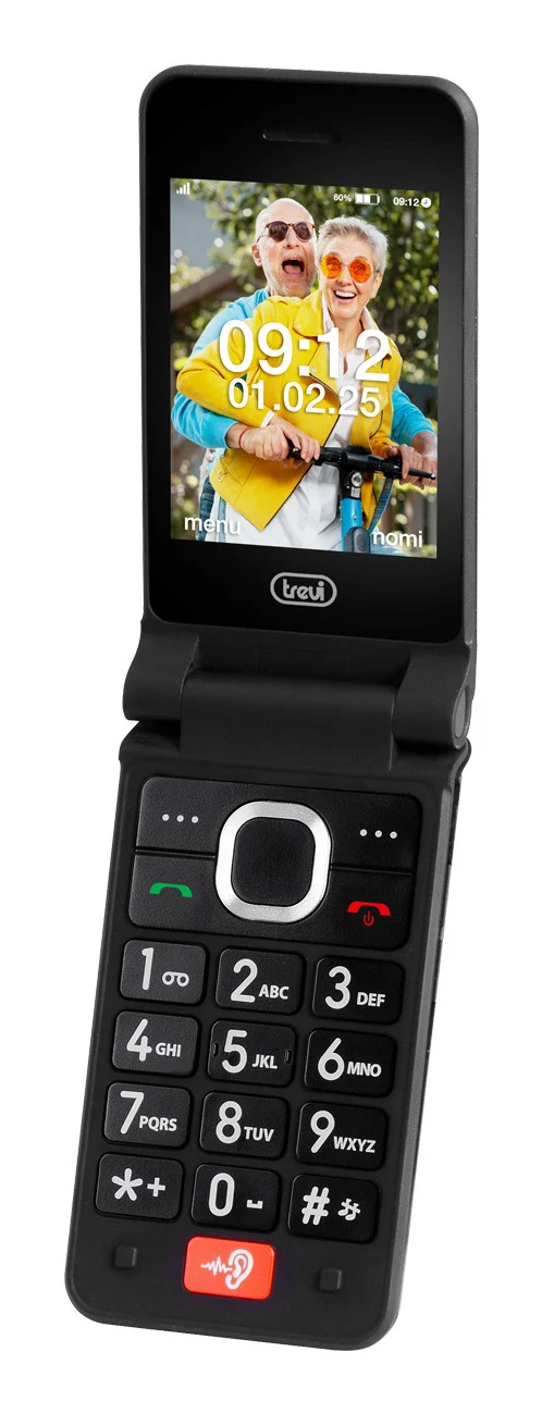Trevi FLEX PLUS 95 4G Telefono Cellulare per Anziani a Conchiglia, Doppio Display 2.8" + 1.77", Tasto SOS, Tasti Grandi, Fotocamera 30MP, Radio FM, USB-C, Nero