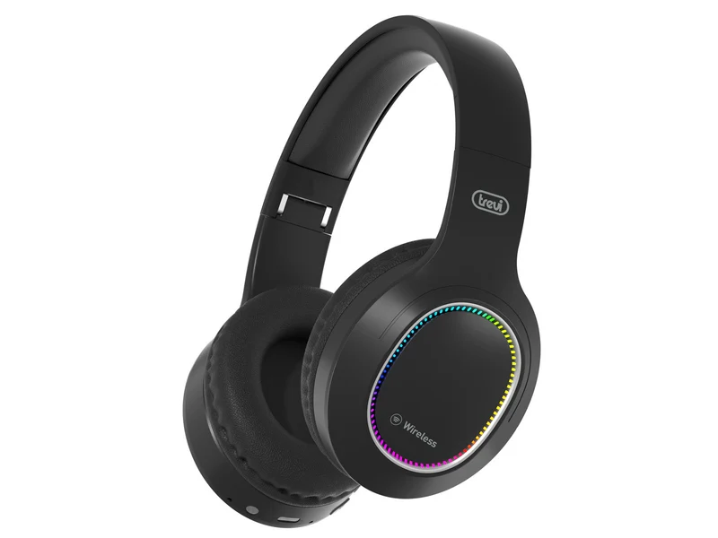 Trevi DJ 12E60 BT Cuffie Wireless Over-Ear Bluetooth 5.3, Microfono Integrato, Micro SD, AUX-IN, USB-C, LED Multicolore, Nero