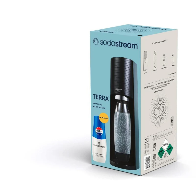 SodaStream Gasatore Terra Black Starter Kit con Pepsi Regular 440ml, Cilindro CO2 60L e Bottiglia PET 1L