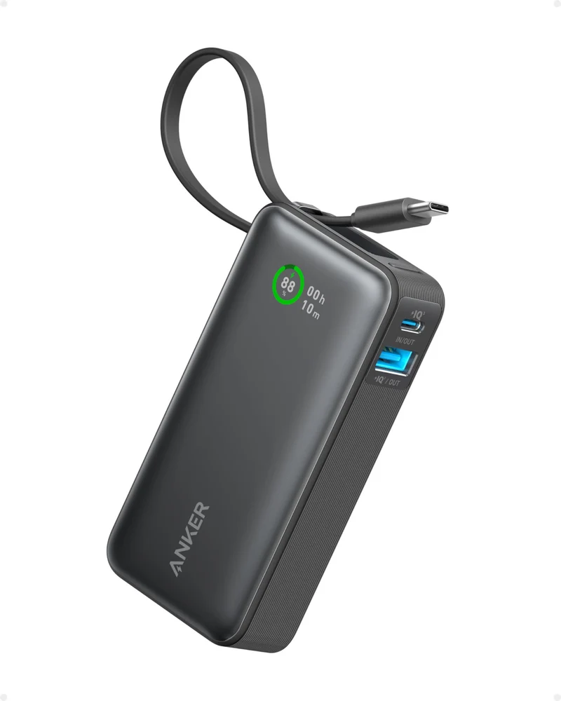 Anker Nano Power Bank 10000 mAh 45W con Cavo USB-C Retrattile Integrato, Ricarica Rapida, 3 Uscite, Nero