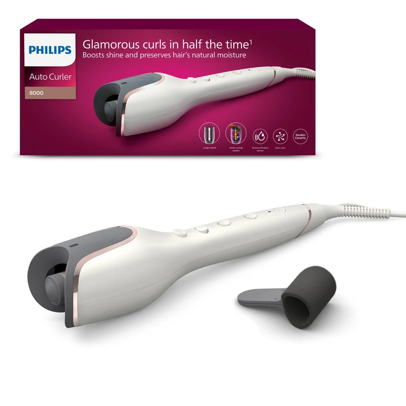 Philips Arricciacapelli Automatico Serie 8000 BHB878/00 MoistureProtect, Ceramica e Cheratina, 27 Opzioni di Styling, 170-210°C, Bianco