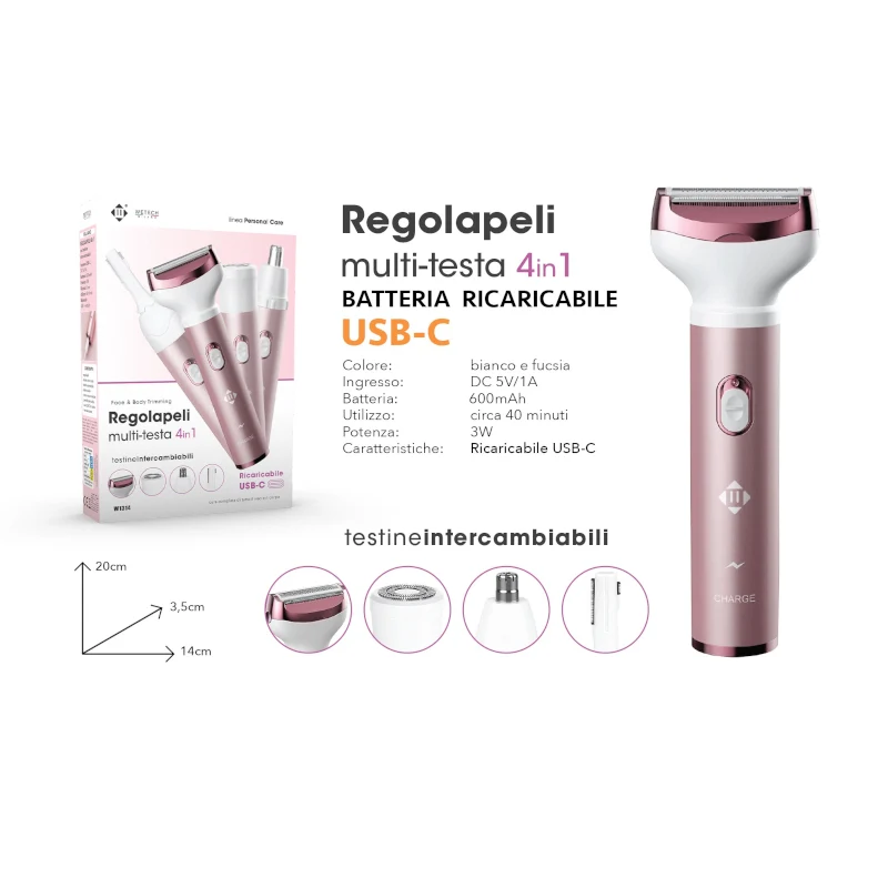 Regolapeli Ricaricabile Multi-Testa 4 In 1