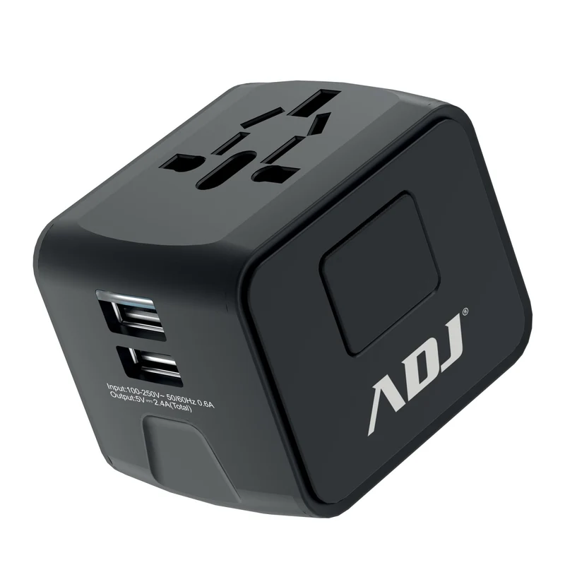 ADJ Adattatore da Viaggio Universale US/EU/AUS/UK 2 Porte USB 5V 2.4A 2000W Nero