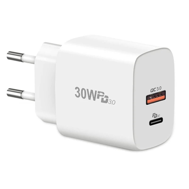 ADJ Caricatore da Muro 2 Porte USB-A + USB-C PD 30W Fast Charge QC 3.0 Nero