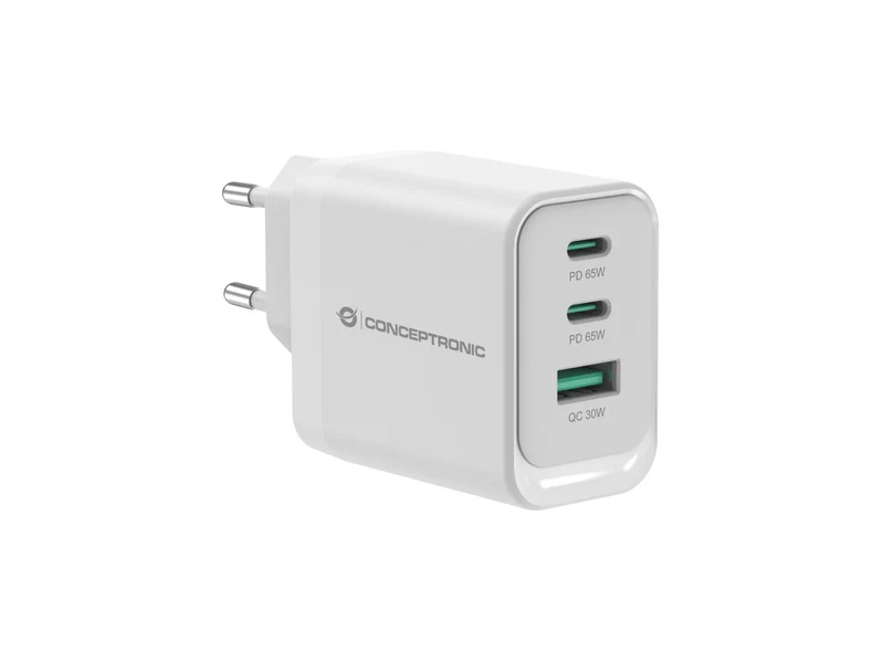 Conceptronic Althea21W65 Caricatore USB 65W GaN 3 Porte Bianco Ricarica Rapida