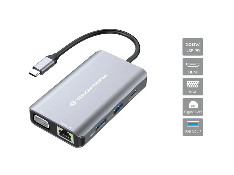 Conceptronic DONN21G Docking Station USB-C 4K HDMI VGA LAN Grigio Cablata