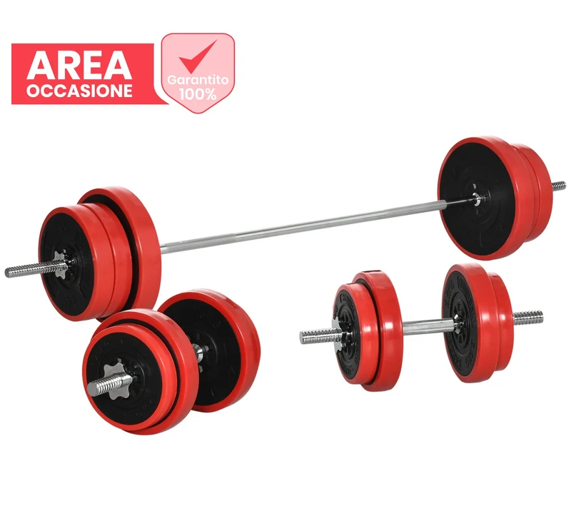 AREA OCCASIONI EasyComfort Set Bilanciere e Dischi 65kg totali per Workout in Casa, in Metallo, Sabbia di Ferro e Gomma, Rosso