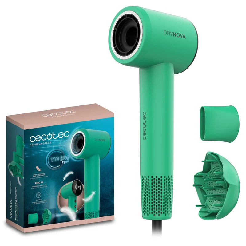 Cecotec Asciugacapelli DryNova Green Leaf 1600W Motore Brushless 110000 RPM Generatore di Ioni con Diffusore e Concentratore