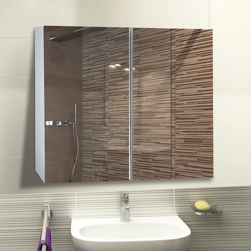 Easycomfort Armadietto Pensile da Bagno con Specchiera e 3 Ripiani in MDF Bianco 80 x 60 x 15cm