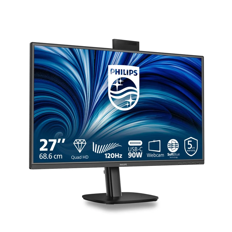 Philips Monitor 27B2U3601H 27" IPS WQHD 2560x1440 120Hz 4ms USB-C 90W Webcam Altoparlanti Regolabile in Altezza Nero
