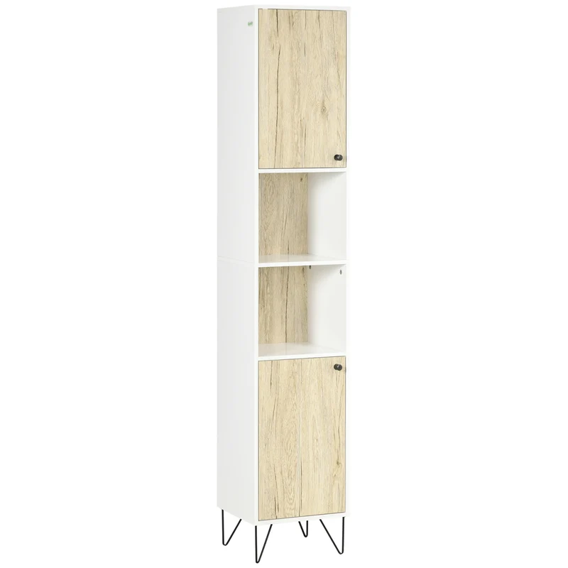 Easycomfort Colonna Bagno con 2 Ripiani Aperti e 2 Armadietti in Truciolato, 31.5x30x169 cm, Bianco e color Legno