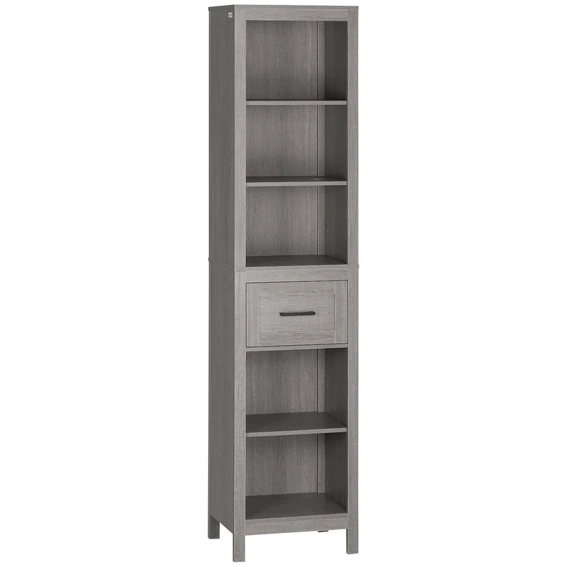 Easycomfort Colonna Bagno in Truciolato con 5 Ripiani Aperti e un Cassetto, 42x30x170 cm, Grigio