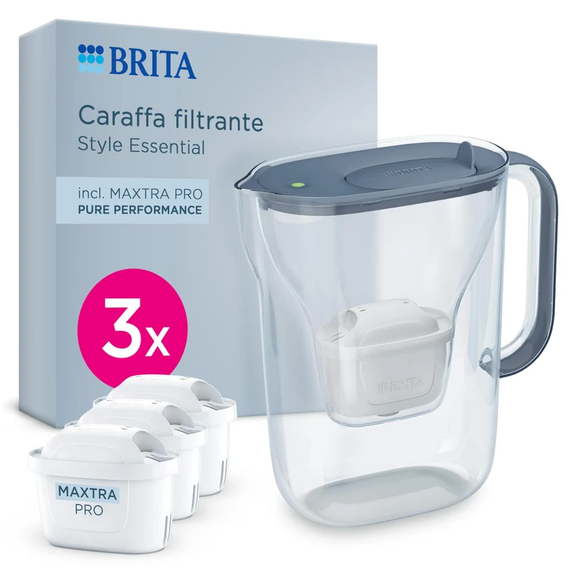 BRITA Caraffa Filtrante Style Essential 2,4L Stone Blue con 3 Filtri MAXTRA PRO Pure Performance