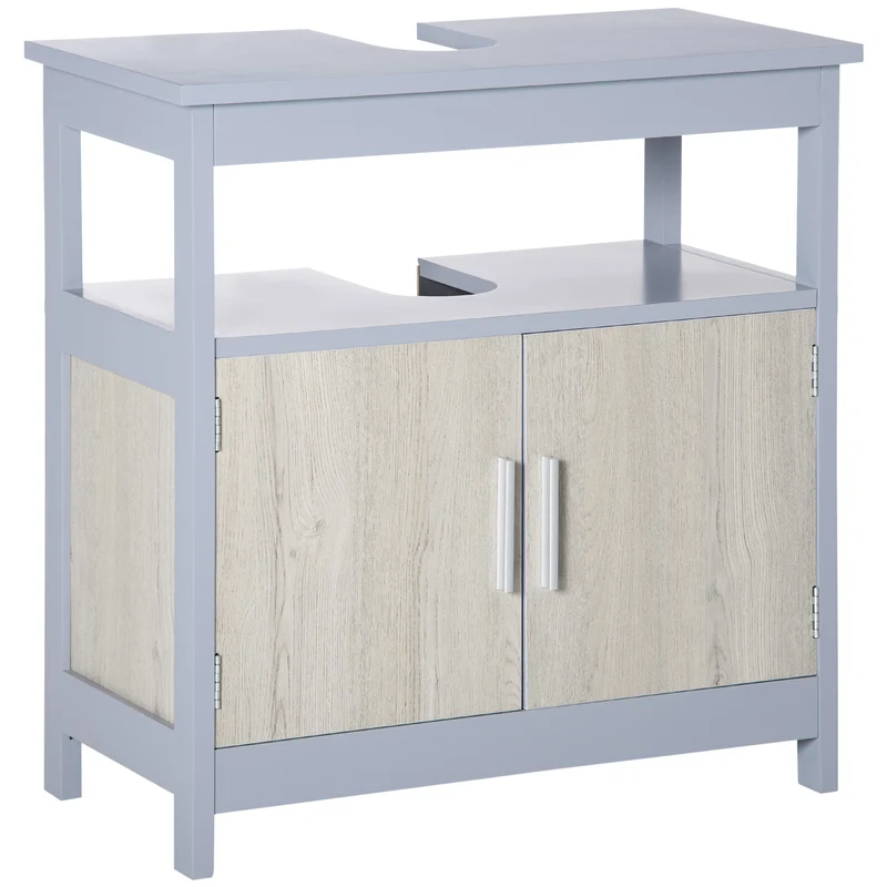 Easycomfort Mobile Sottolavabo Bagno con Armadietto e Ripiano Aperto, 60x30x62cm, Grigio e Legno Naturale