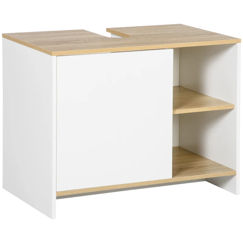EasyComfort Mobile Bagno Sottolavabo con Armadietto e 2 Mensole in Legno Truciolare, 77 x 45 x 60cm, Bianco e Color Legno