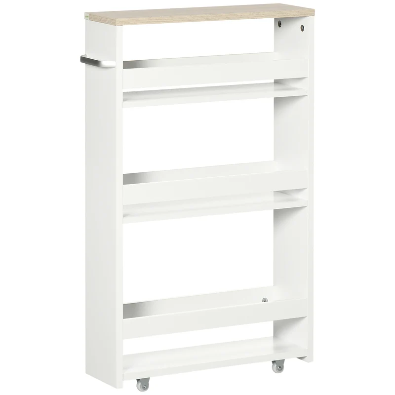 Easycomfort Carrello Bagno Salvaspazio a 3 Ripiani con Rotelle e Maniglia in Legno, 48x15x80cm, Bianco