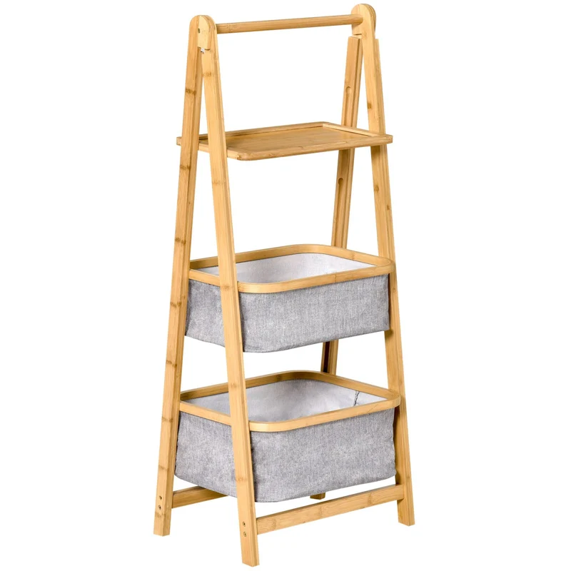 Easycomfort Scaffale Salvaspazio a 3 Ripiani in Bambù, Mobiletto Bagno Pieghevole con 2 Cassetti in Tessuto Grigio, 44.5x33x108cm