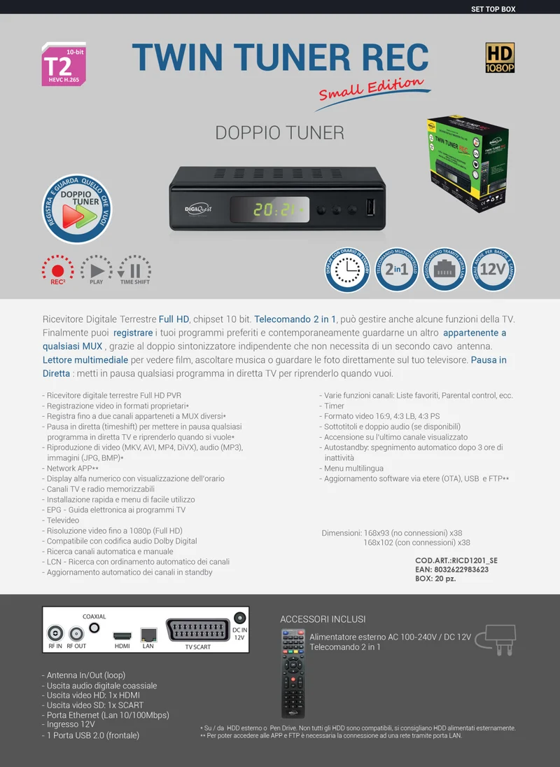 Digiquest Decoder Digitale Terrestre DVB-T2 Twin Tuner Full HD PVR Ethernet Nero