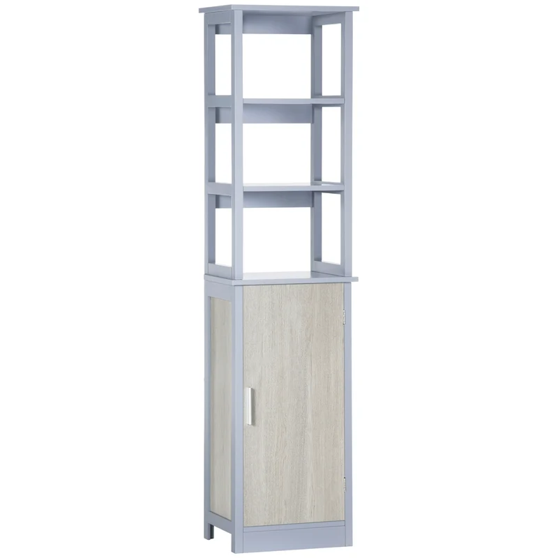 Easycomfort Colonna Bagno con 3 Mensole e Armadietto in Legno MDF 40x30x160, Grigio e Legno Naturale