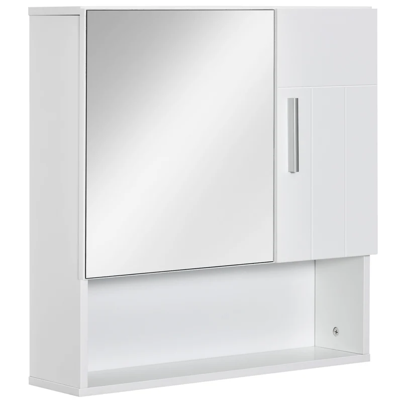 Easycomfort Armadietto Specchiera Pensile da Bagno in Legno con Mensole Regolabili, Mobile Bagno a 2 Ante e Ripiano Aperto, 54x15.2x55.3cm, Bianco