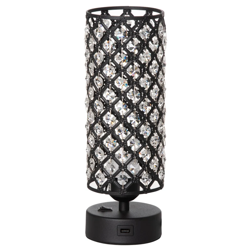 Easycomfort Lampada da Tavolo con Paralume in Cristallo e 2 Porte USB, Luce Regolabile ?10.8x30cm, Nero