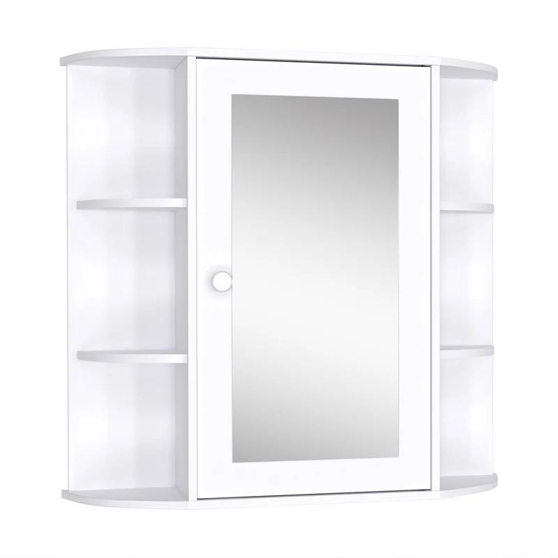 EasyComfort Mobiletto Pensile da Bagno, Armadietto Bagno con Specchio, Anta Centrale e Mensole in Legno Bianco (60 x 17 x 63 cm)