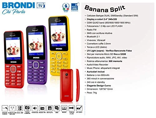 Brondi Banana Split Cellulare Dual SIM Giallo - Design Moderno e Leggero - 10275091