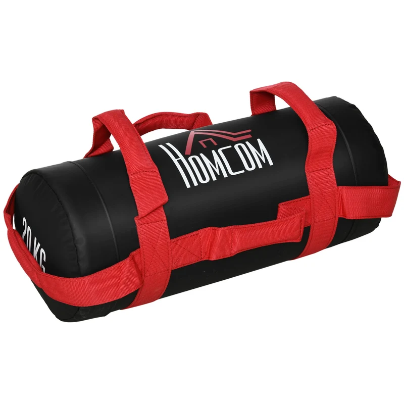EasyComfort Sacca Bulgara da 20kg con 6 Cinghie per Allenamento Fitness in Casa, Ufficio e Palestra, Ø22x55 cm, Nero e Rosso