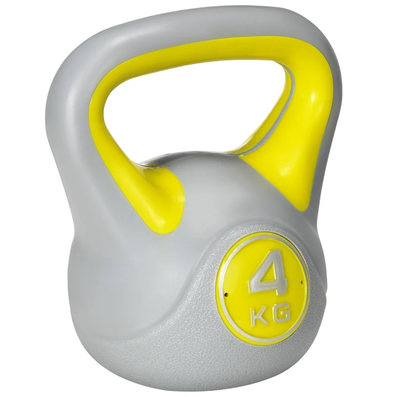 Easycomfort Kettlebell 4kg in PU e Sabbia con Base Piatta e Impugnatura per Stacchi, Squat e Sollevamenti, 18x12x20 cm, Giallo