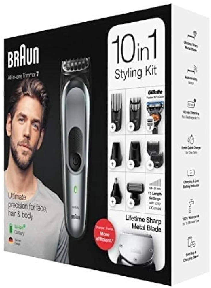 BRAUN MGK 7221 Regolabarba 10 in 1 Impermeabile Nero Grigio per Pelle Asciutta e Bagnata